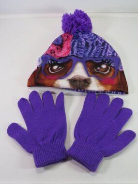 Girls Purple Dog Glasses Winter Beanie Hat Pom Gloves Set Fleece Lined